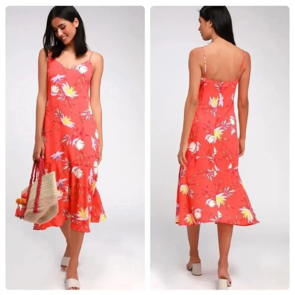 Lulus Quinlynn Coral Red Floral Print Midi Dress Size Small NWT New